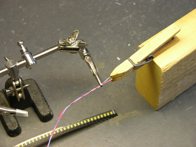 Soldering wires to SMT LEDs with clothespin vise