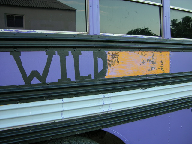 Purple paint stripped from schoolbus with heat gun and putty knife