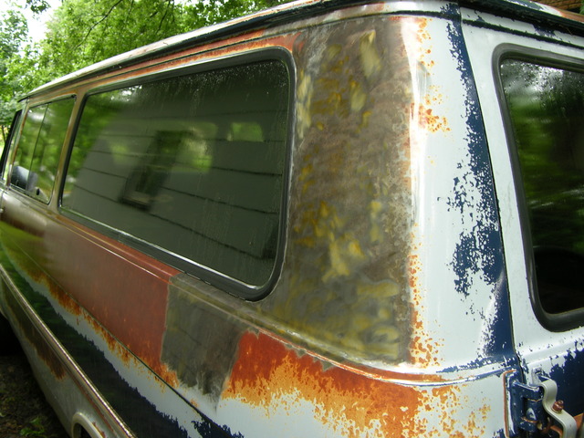 Rust cleaned off 1985 Chevy van with coarse wire wheel on angle grinder