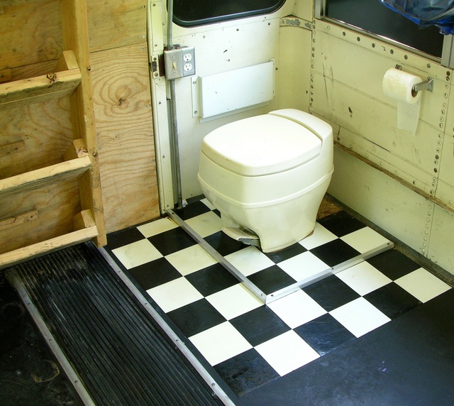 Bathroom area of partially converted schoolbus