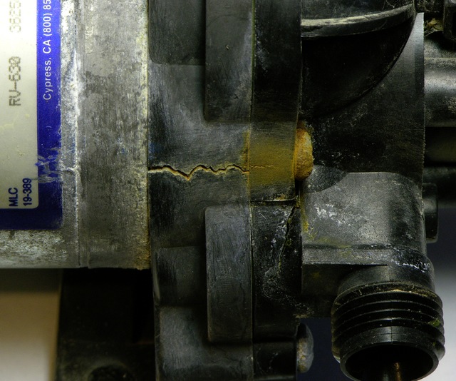 Crack in RV fresh water pump housing