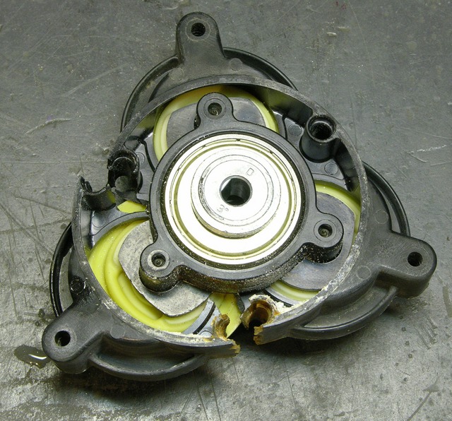 Broken RV fresh water pump housing