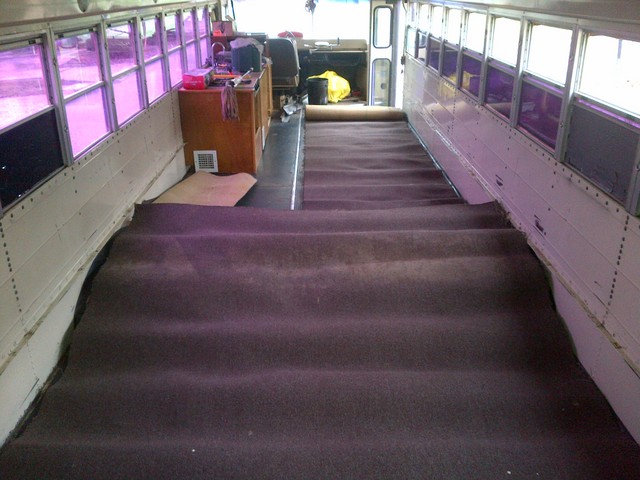 Schoolbus RV conversion interior, forward view