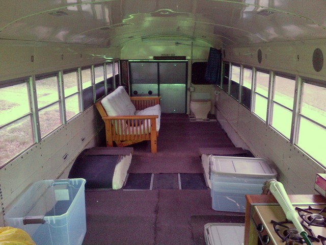 Schoolbus RV conversion interior, rearward view