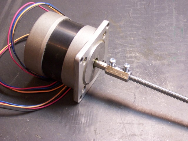 Stepper motor with homemade shaft coupler, angled view