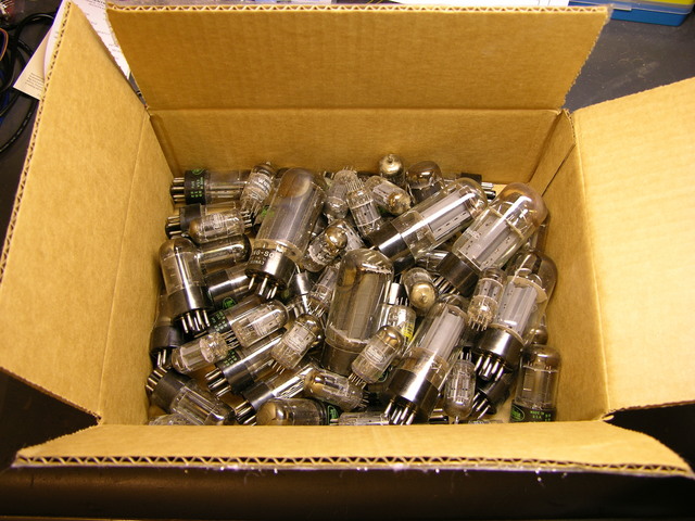 Box of vacuum tubes from Baldwin 45HP2 electronic organ