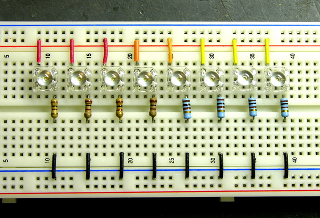 Square 5mm LEDs on breadboard