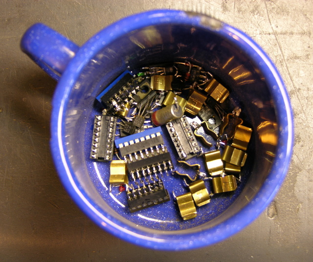 Cup of salvaged electronic components