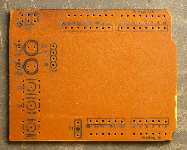 Arduino protoshield PCB with iron-on silkscreen