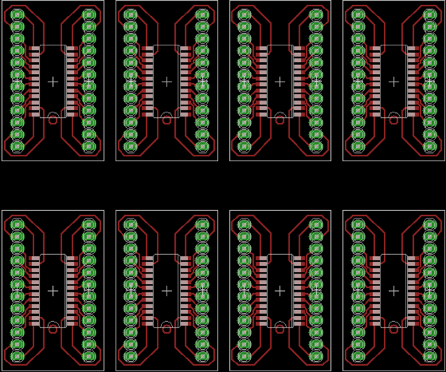 Circuit board layout of SOIC-24 breakout board, panelized 4x2