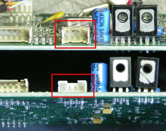 Original and replacement Roomba Scheduler main boards with different dirt sensor jacks