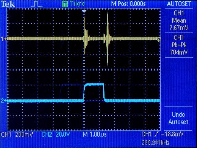 Oscilloscope shot of FET gate and power supply ringing