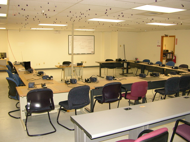 SparkFun classroom with Lilypad shurikens in ceiling
