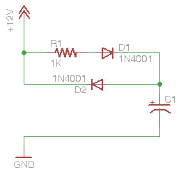 Capacitor/diode assembly for power dips
