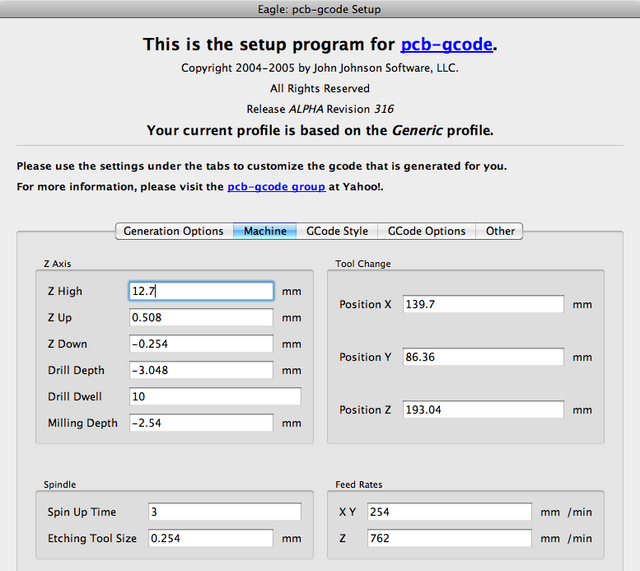 PCB-GCode setup screen