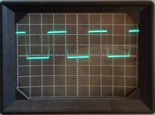 Pulse-width-modulated heater signal on oscilloscope