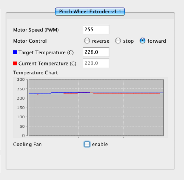 ReplicatorG control panel with temperature failing to reach set point