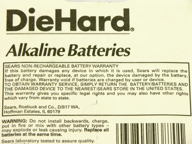 DieHard alkaline cell warranty