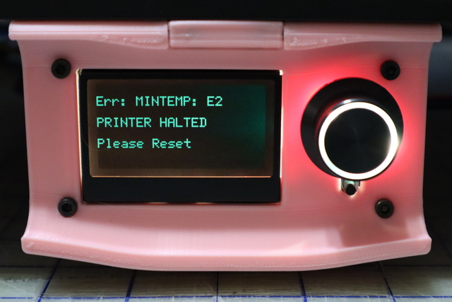 Voron 2.4 LCD showing Fysetc Spider mainboard Marlin test firmware E2 MINTEMP failure