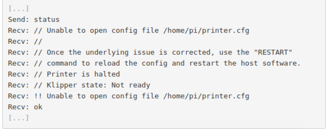 Klipper status response with no printer.cfg