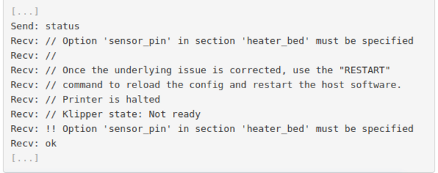 Klipper status response with undefined configuration