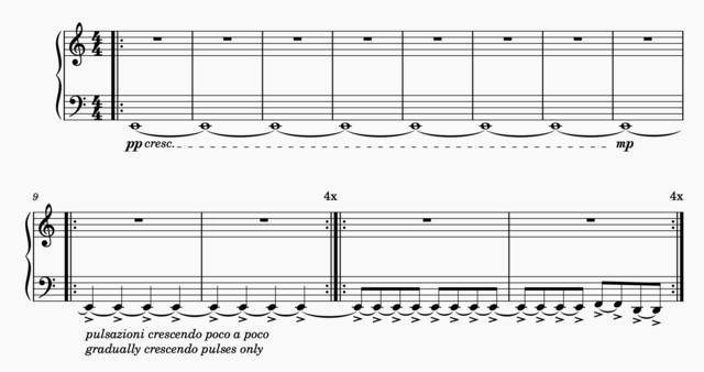 musical notation showing a held note being pulsed louder and louder
