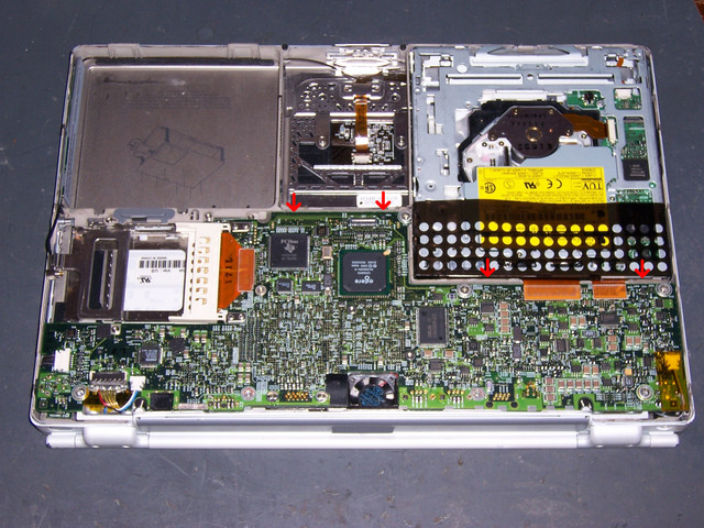 Lift Here to Remove PowerBook G4 Motherboard