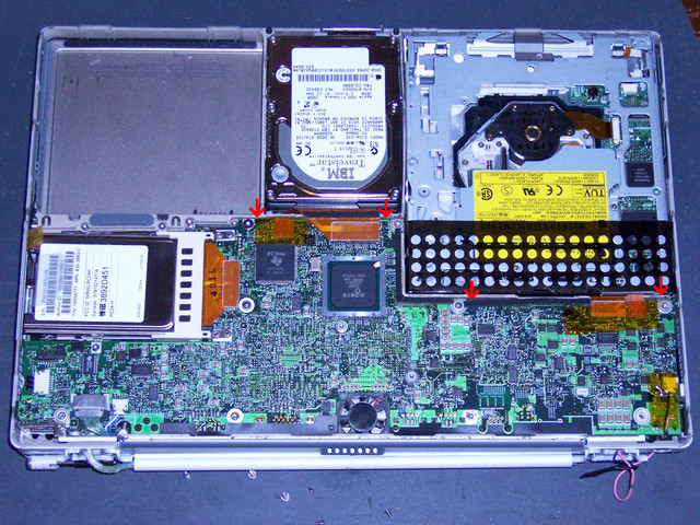 Lift Here to Remove PowerBook G4 Motherboard