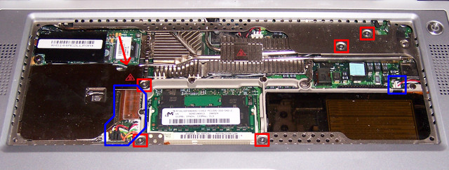 PowerBook G4 550 Motherboard Top-Side Screw and Connector Locations